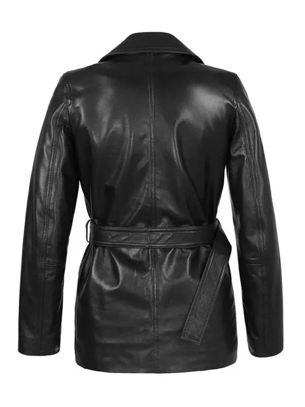 Carissa Womens Belted 3/4 Leather Coat - fashonic