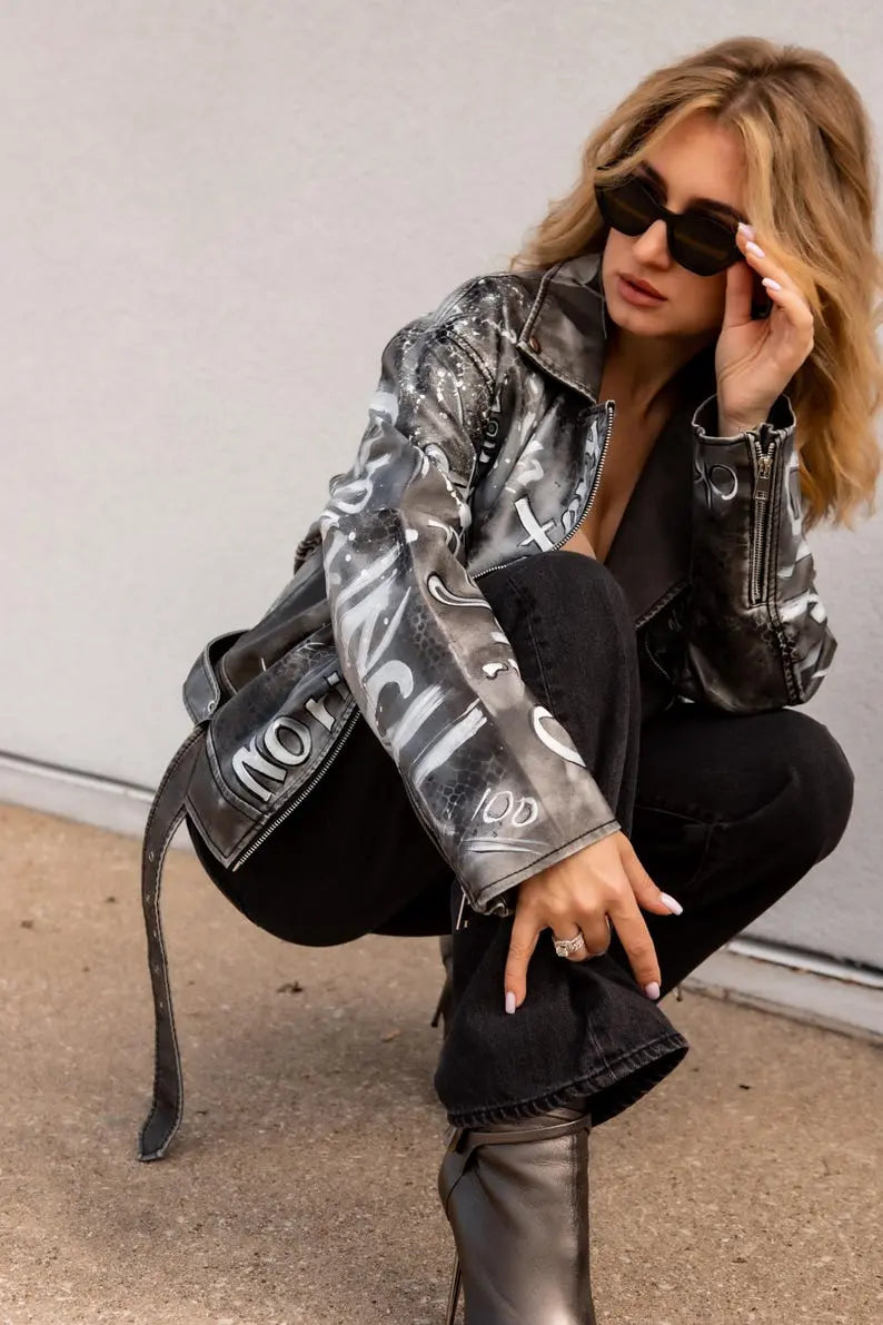 Custom Hand-painted street art design Leather jacket - fashonic