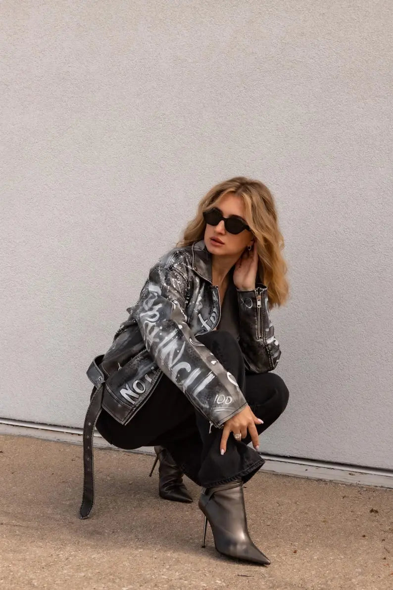 Custom Hand-painted street art design Leather jacket - fashonic