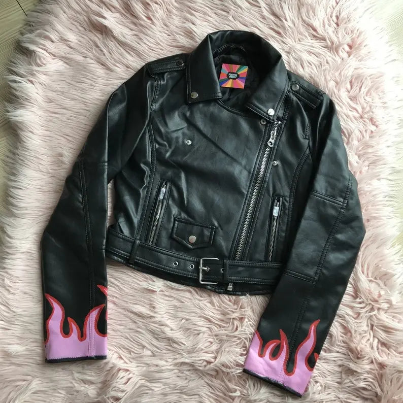 Custom Text Jacket Painted Faux Leather Motorcycle Jacket - fashonic