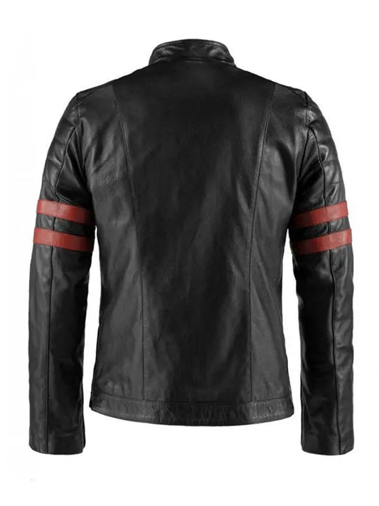 Hybrid Cafe Racer Striped Black Leather Jacket - fashonic