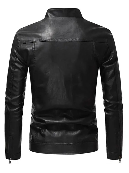 Men Slimfit Stand Collar Flap Pocket Leather Jacket - fashonic