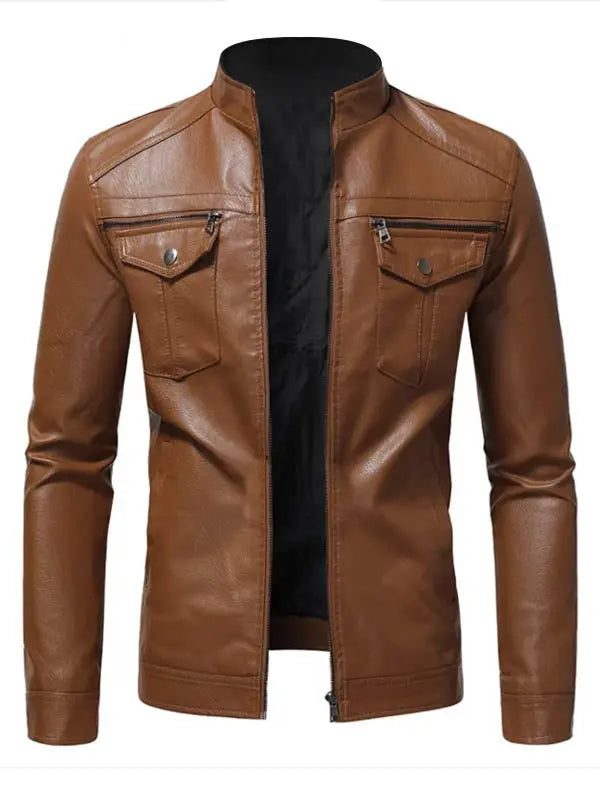 Men Slimfit Stand Collar Flap Pocket Leather Jacket - fashonic