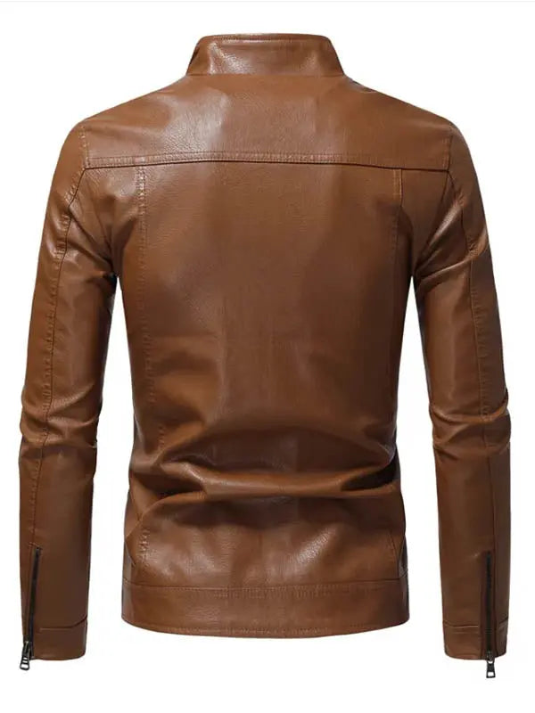 Men Slimfit Stand Collar Flap Pocket Leather Jacket - fashonic