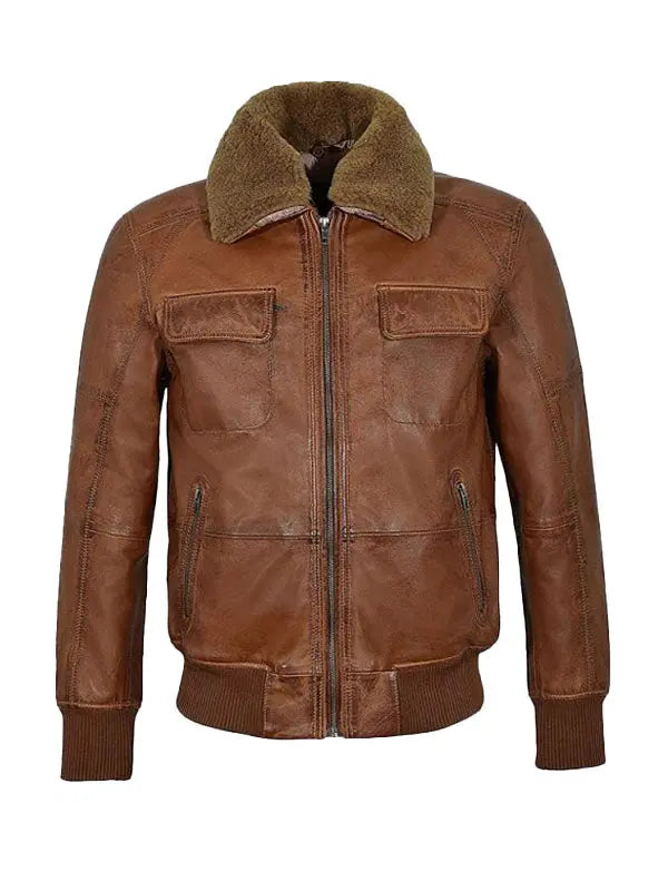 Men’s Aviator Pilot Bomber Brown Leather Jacket - fashonic
