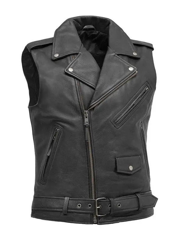 Men’s Belted Style Black Leather Biker Vest - fashonic