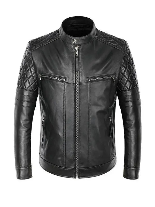 Men’s Biker Quilted Shoulder Black Leather Jacket - fashonic