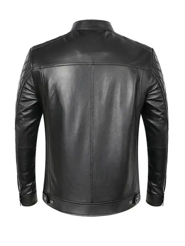 Men’s Biker Quilted Shoulder Black Leather Jacket - fashonic