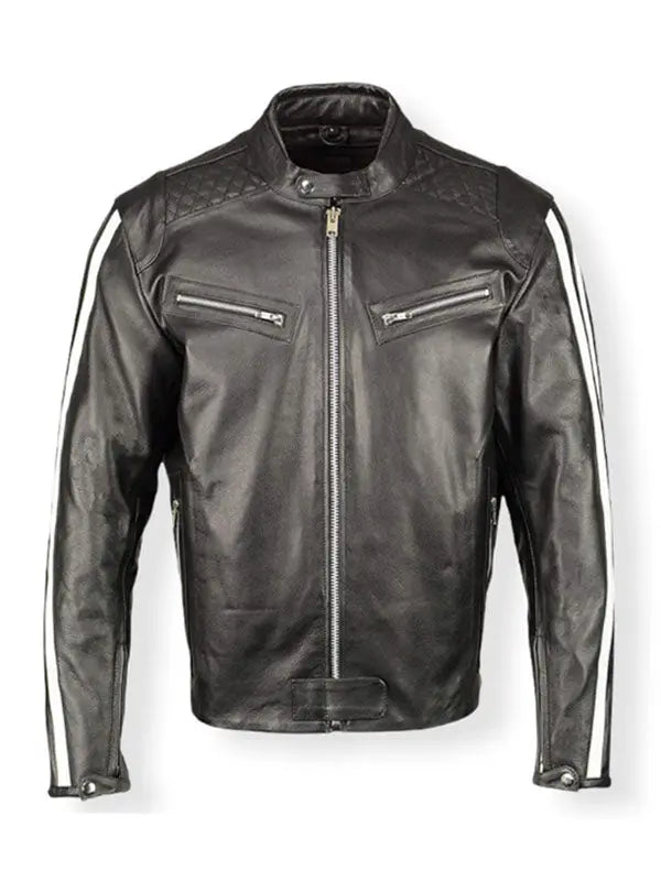 Men’s Biker Racing White Stripe Black Leather Jacket - fashonic