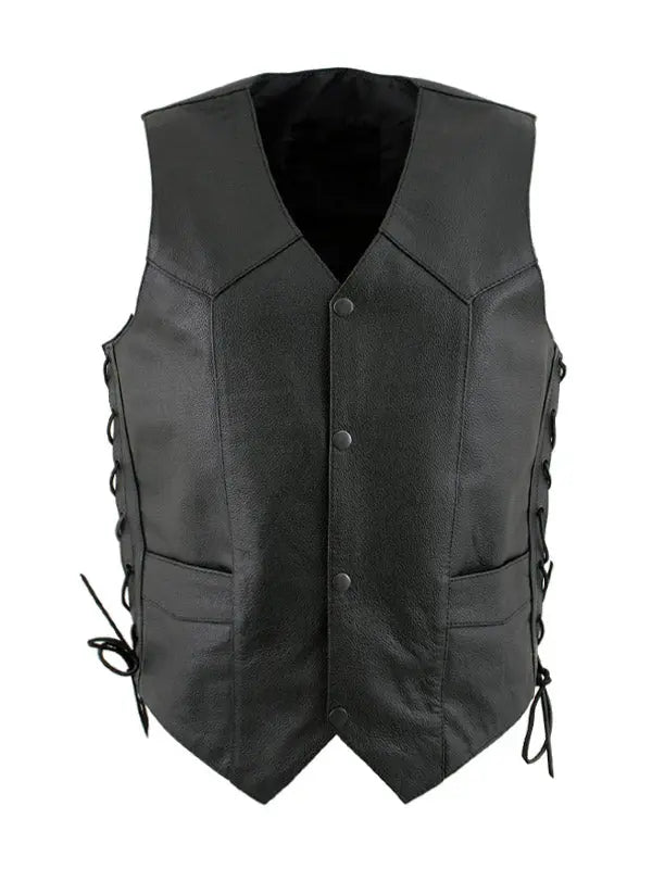 Men’s Black Sheepskin Leather Biker Lace Up Vest - fashonic