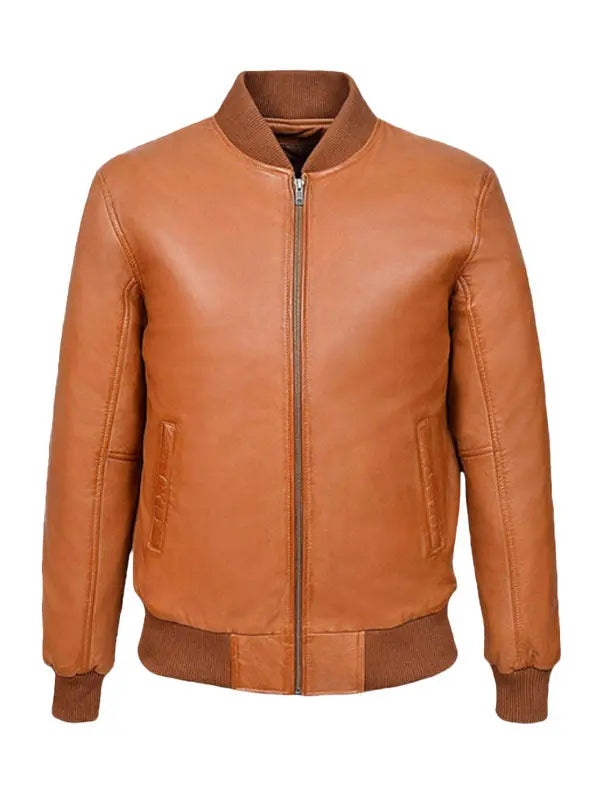 Men’s Classic Bomber Tan Brown Leather Jacket - fashonic