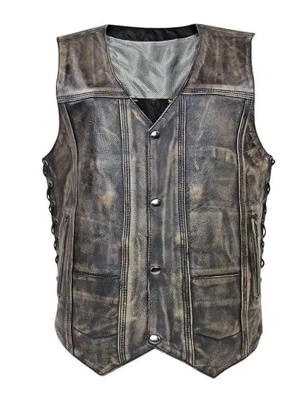 Men’s Cowboy Biker Black Brown Distressed Leather Vest - fashonic