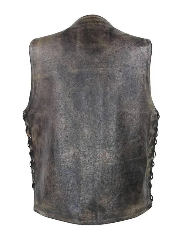 Men’s Cowboy Biker Black Brown Distressed Leather Vest - fashonic
