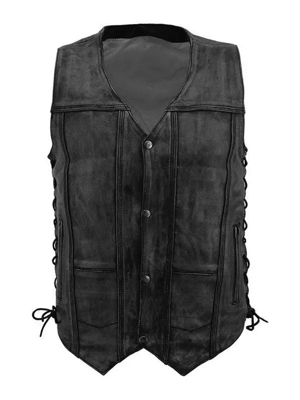 Men’s Cowboy Biker Black Brown Distressed Leather Vest - fashonic