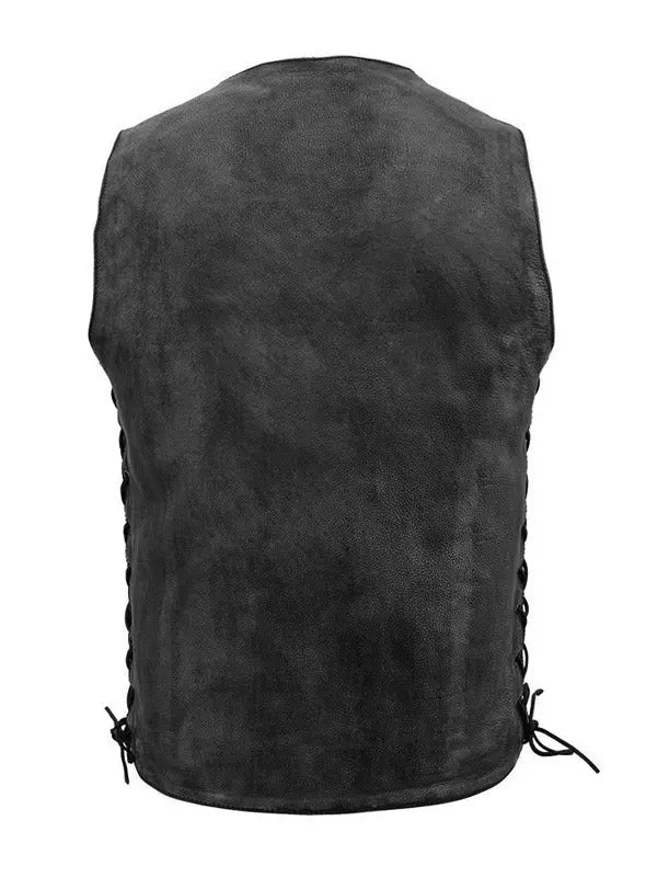 Men’s Cowboy Biker Black Brown Distressed Leather Vest - fashonic