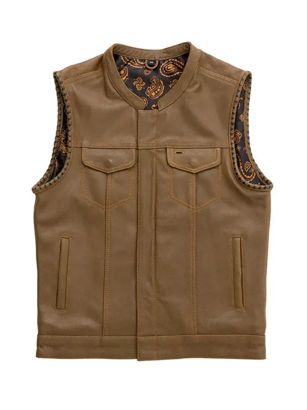 Men’s Light Brown Motor Biker Leather Vest - fashonic