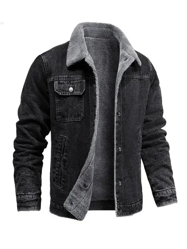 Men’s Slimfit Black Denim Shearling Lining Jacket - fashonic