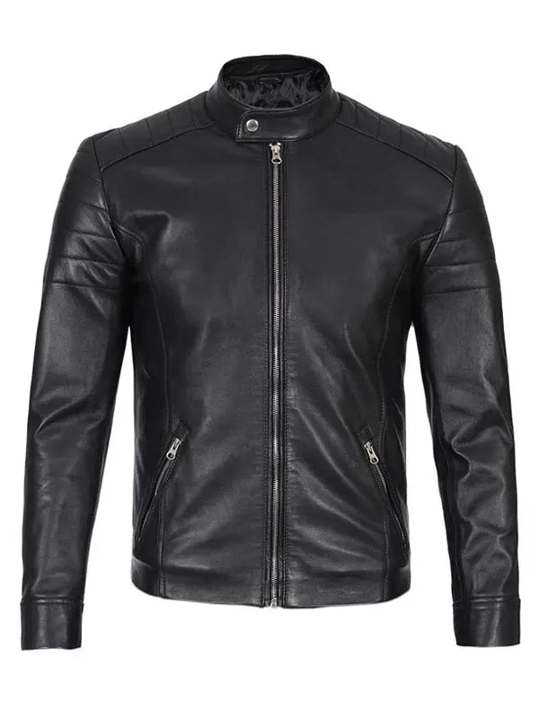 Mens Black Fitted Cafe Racer Leather Jacket - fashonic