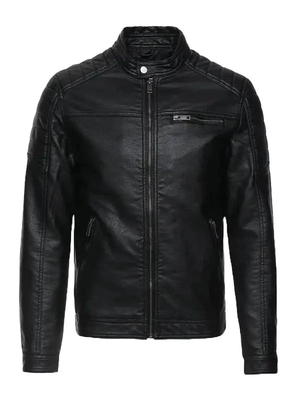 Mens Casual Black Biker Leather Jacket - fashonic
