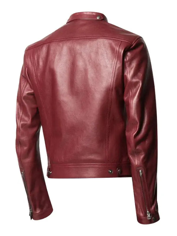 Mens Casual Motorcycle Biker Red Leather Jacket - fashonic