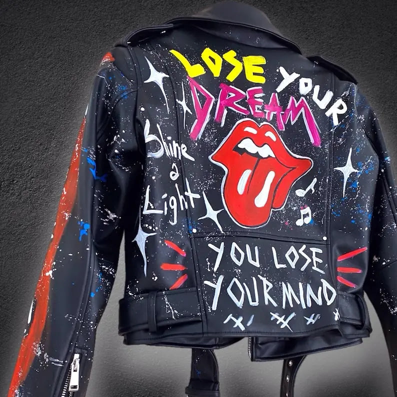 Rolling Stones, Rock 'n Roll, Hand-Painted Leather Jacket - fashonic