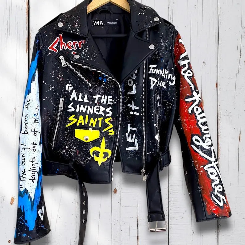 Rolling Stones, Rock 'n Roll, Hand-Painted Leather Jacket - fashonic
