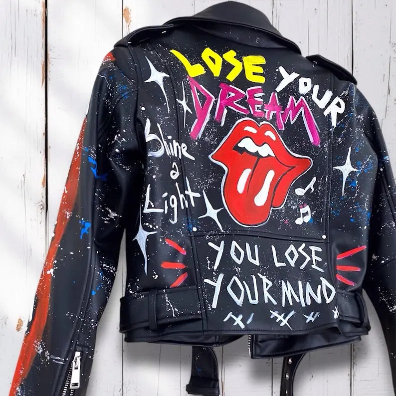 Rolling Stones, Rock 'n Roll, Hand-Painted Leather Jacket - fashonic