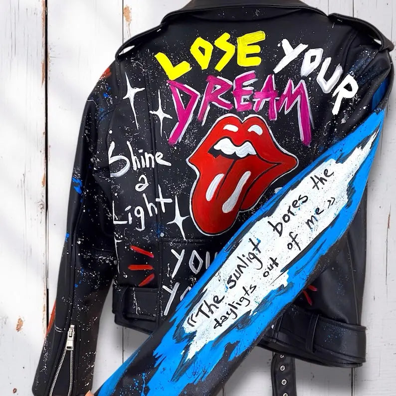 Rolling Stones, Rock 'n Roll, Hand-Painted Leather Jacket - fashonic