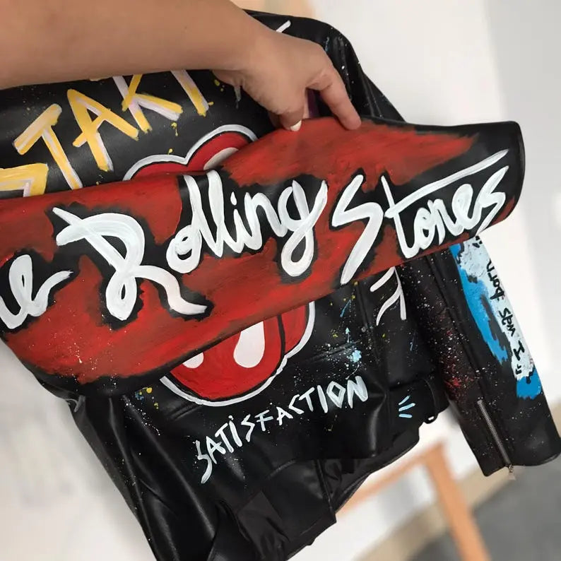 Rolling Stones, Rock 'n Roll, Hand-Painted Leather Jacket - fashonic