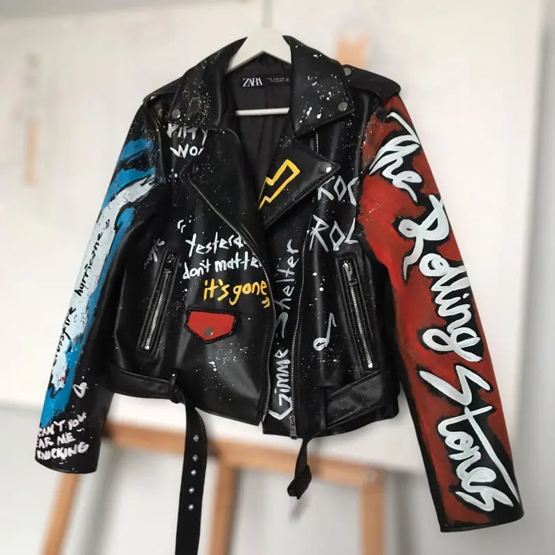 Rolling Stones, Rock 'n Roll, Hand-Painted Leather Jacket - fashonic