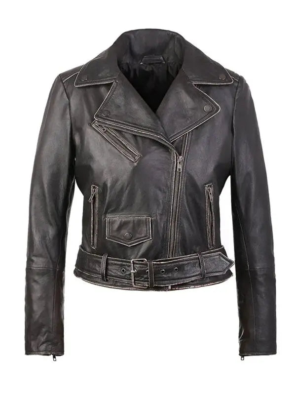Women Distressed Short Body Biker Leather Jacket - fashonic