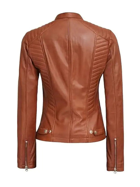 Women Slimfit Biker Tan Leather Jacket - fashonic