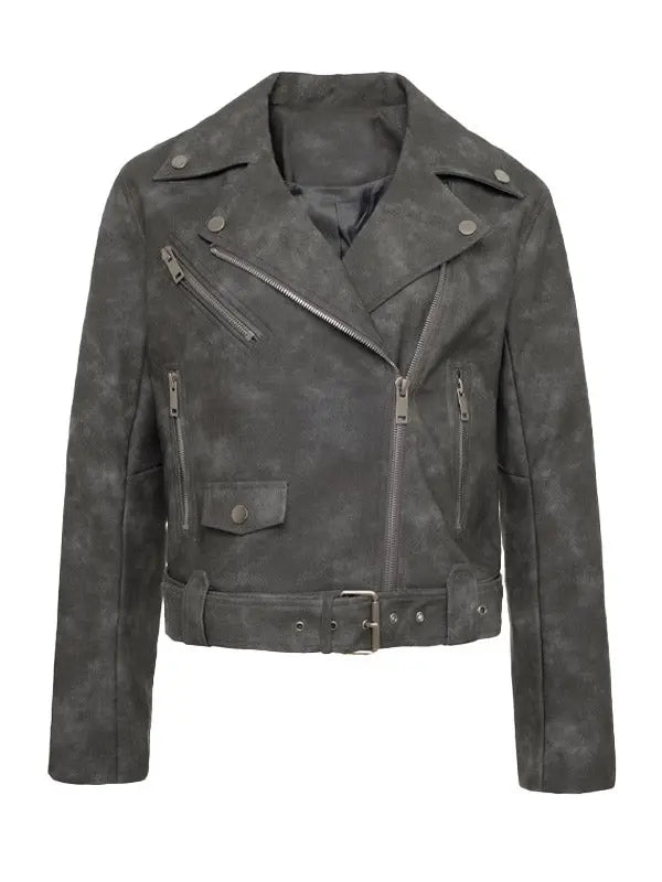 Women Textured Style Distressed Grey Leather Jacket - fashonic