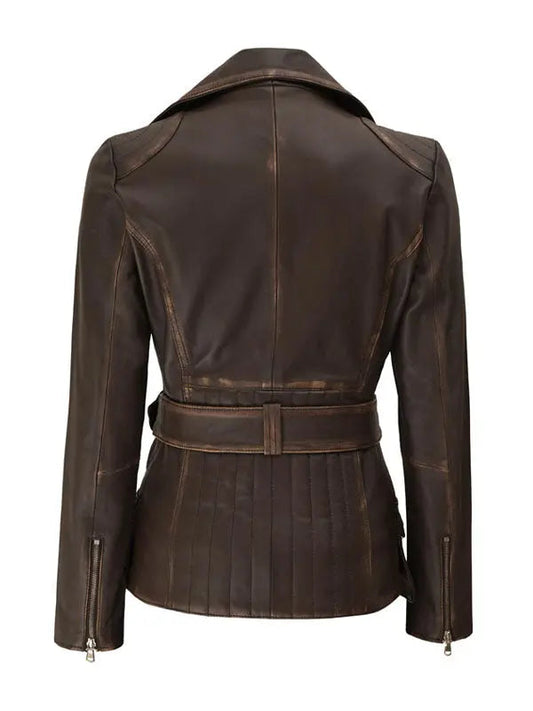 Women’s Asymmetrical Belted Leather Coat - fashonic