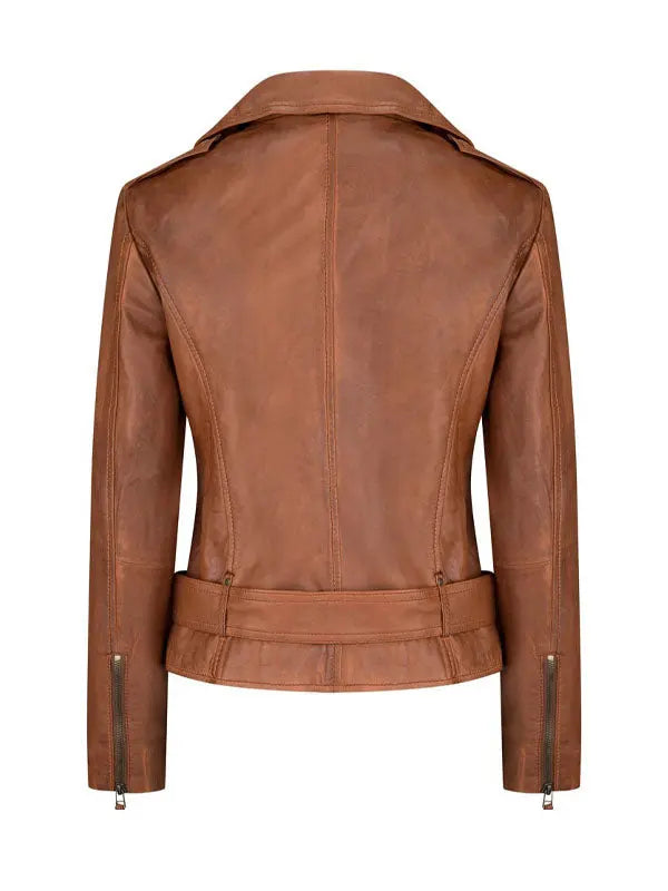 Women’s Asymmetrical Tan Brown Leather Jacket - fashonic