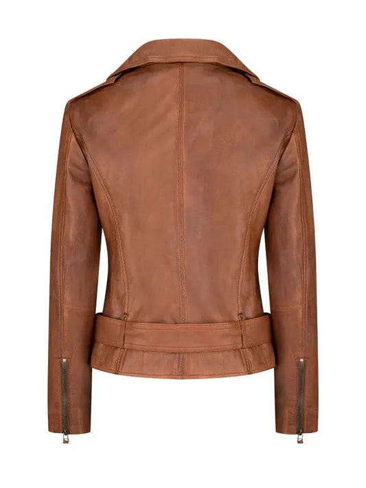 Women’s Asymmetrical Tan Brown Leather Jacket - fashonic