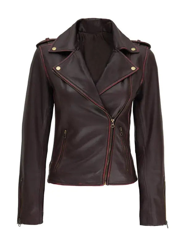 Women’s Brown Motorcycle Biker Asymmetrical Leather Jacket - fashonic