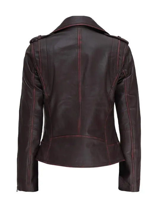 Women’s Brown Motorcycle Biker Asymmetrical Leather Jacket - fashonic