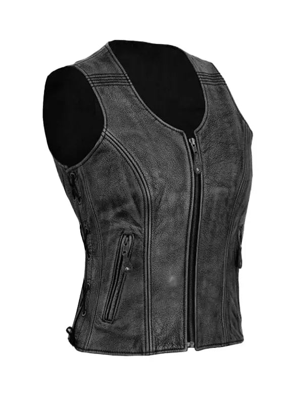 Women’s Classic Biker Distressed Black Leather Vest - fashonic
