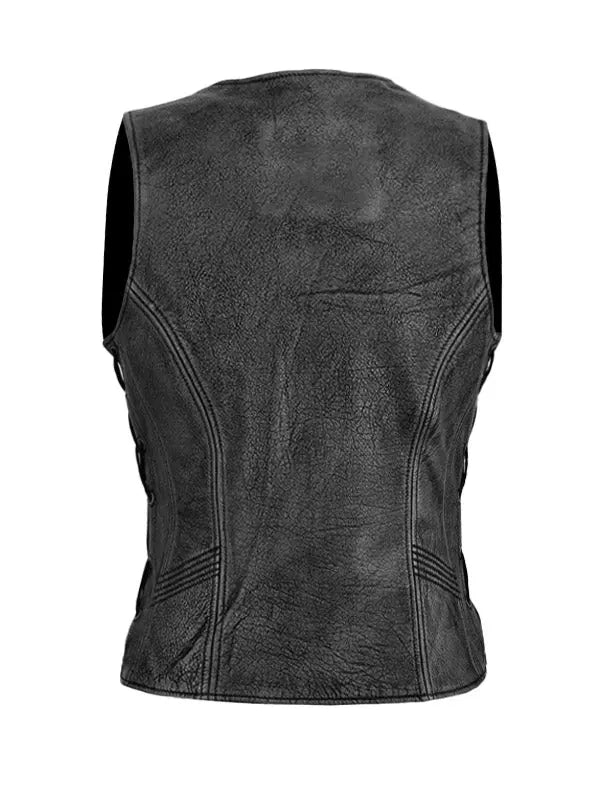 Women’s Classic Biker Distressed Black Leather Vest - fashonic