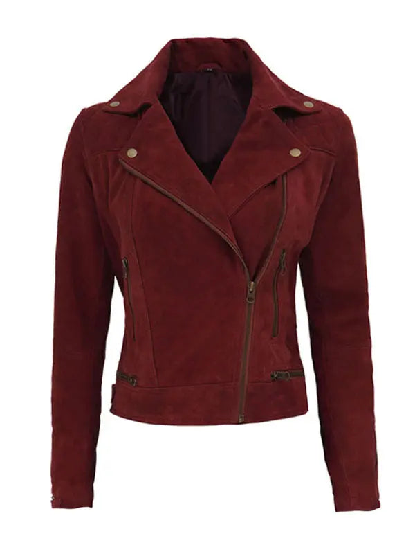 Women’s Classic Style Quilted Red Biker Suede Leather Jacket - fashonic