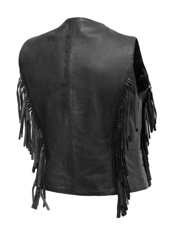 Women’s Cowgirl Fringe Style Black Leather Vest - fashonic