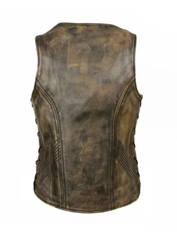 Women’s Cowgirl Side Lace Distressed Brown Leather Vest - fashonic