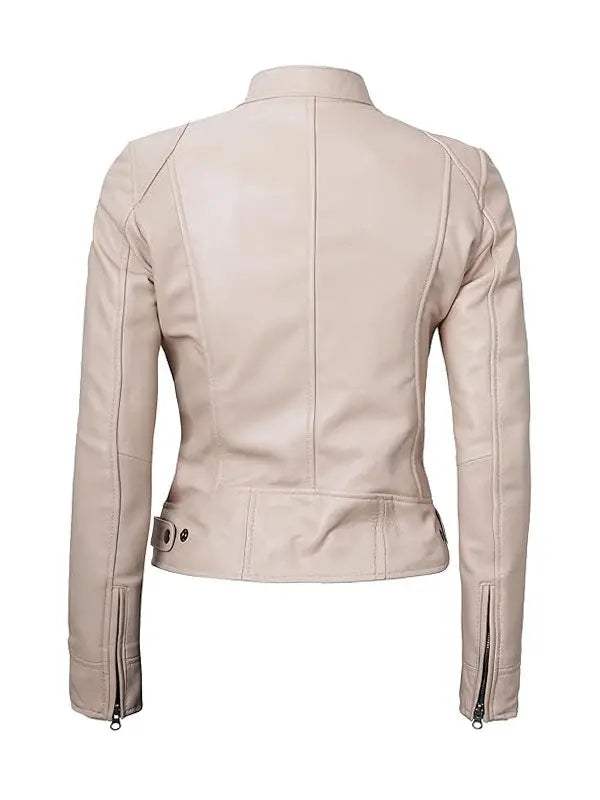 Women’s Dodge Beige And White Cafe Racer Leather Jacket - fashonic