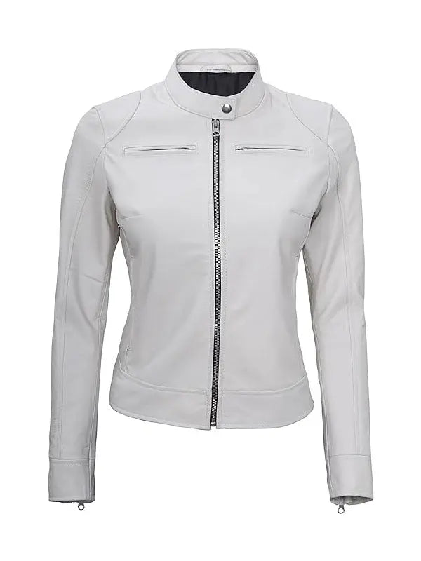 Women’s Dodge Beige And White Cafe Racer Leather Jacket - fashonic