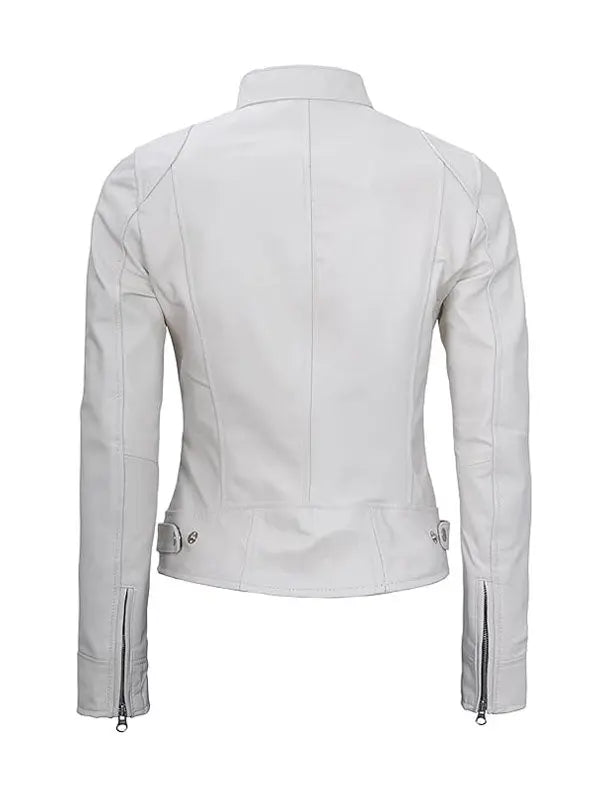 Women’s Dodge Beige And White Cafe Racer Leather Jacket - fashonic