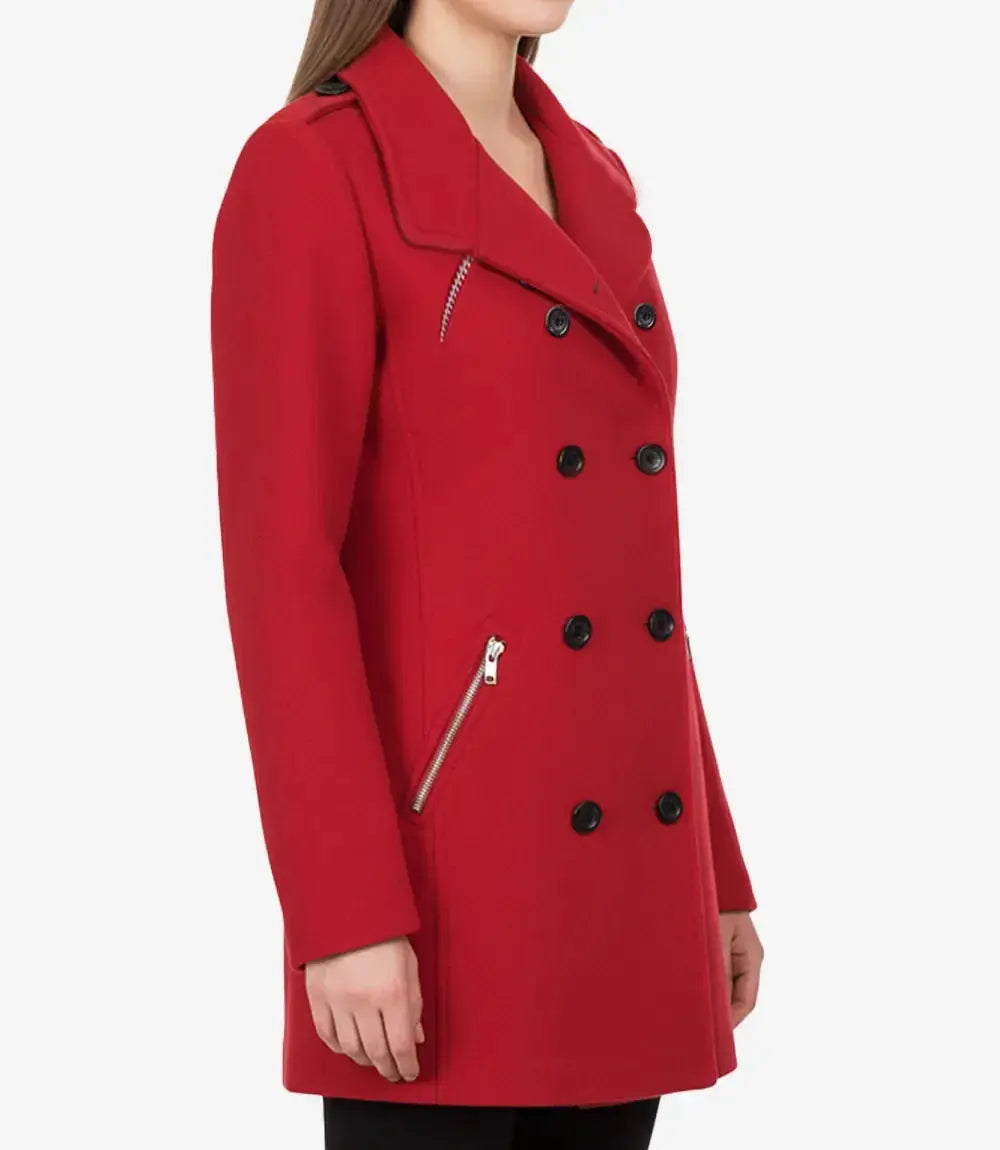 Women's Red Double Breasted Wool Peacoat