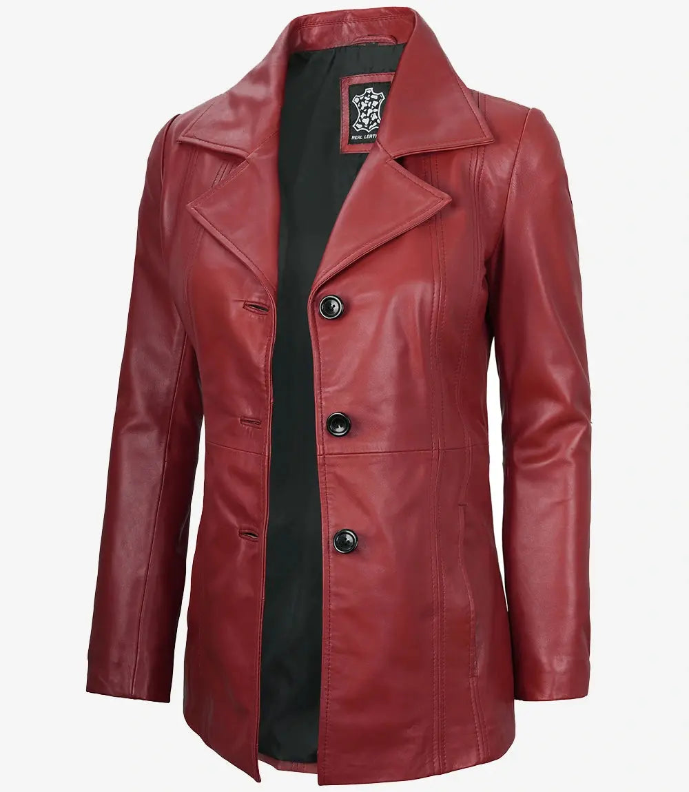 Women's Red Real Leather Blazer Jacket