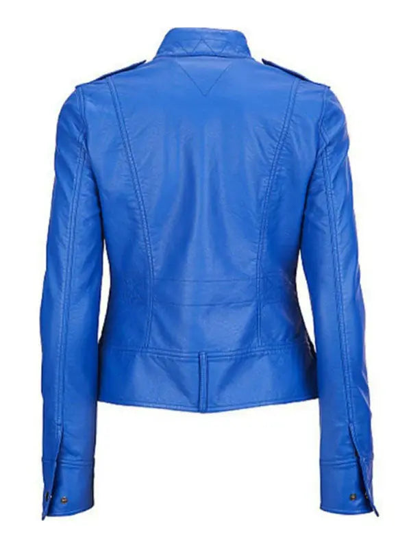 Women’s Royal Blue Zipper & Pocket Leather Jacket - fashonic