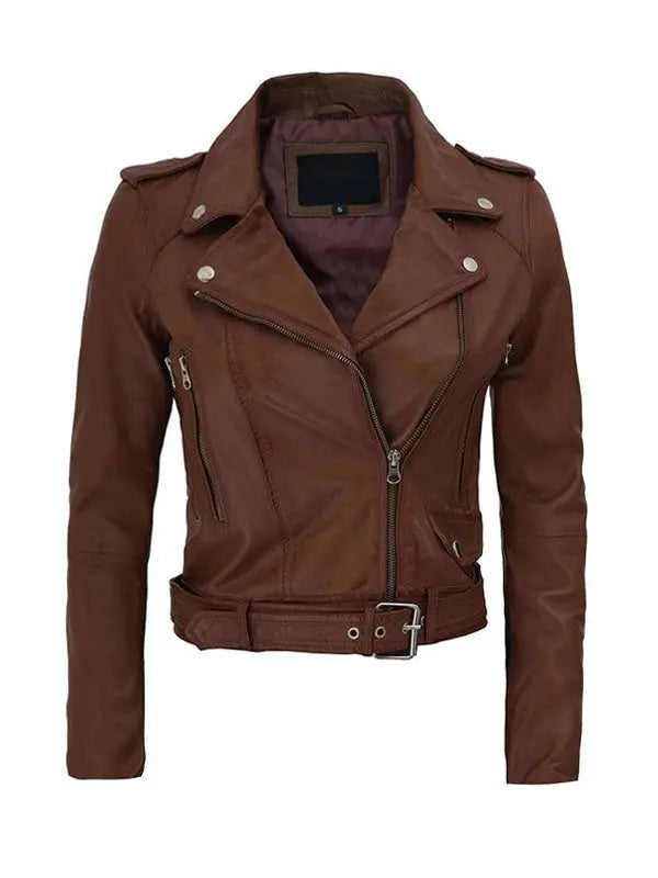 Women’s Slimfit Biker Dark Brown Leather Jacket - fashonic